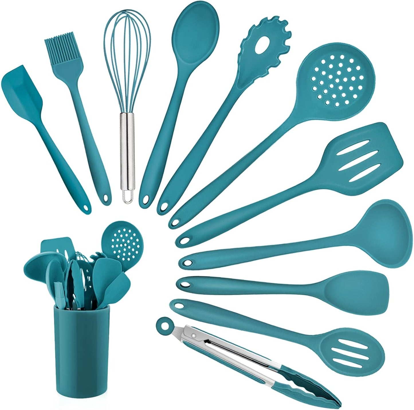 Silicone Kitchen Utensil Set,  12 Piece Cooking Utensils with Holder, Heat Resistant Kitchen Tools Spatulas Set for Cooking Baking Mixing, Safe for Non Stick Cookware (Dark Blue)