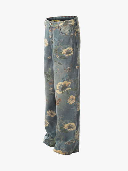 DENIM FLORAL PRINT CARPENTER JEANS