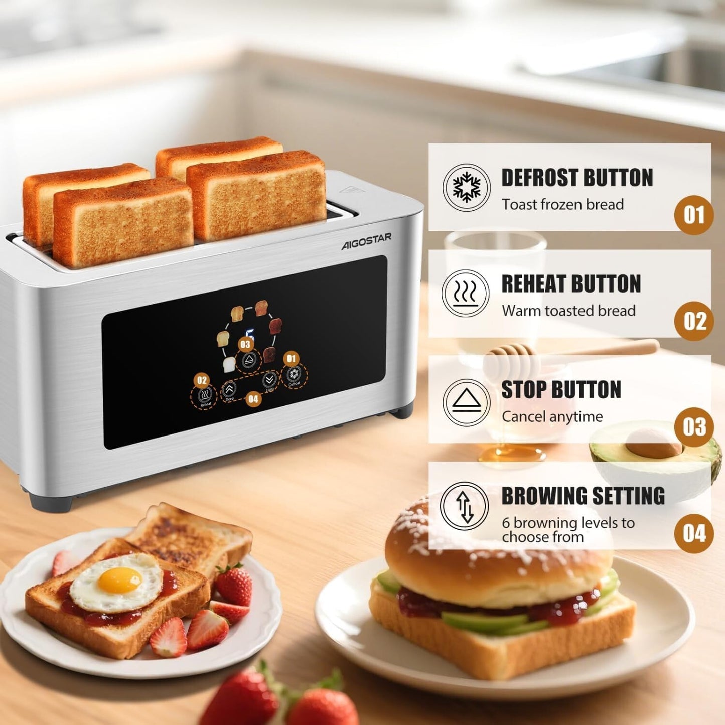Long Slot Toaster Stainless Steel, Extra-Wide Slots, Digital Touch Control, 6 B