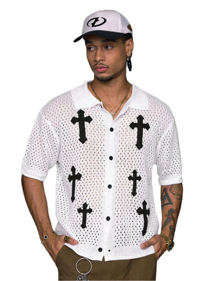 AXEPEAK Men'S Cross Print Front Button Casual Short Sleeve Knit Fall Sweater