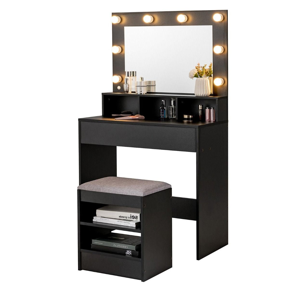 Contemporary Dressing Table Set Featuring LED Illuminated Mirror and Storage Drawer