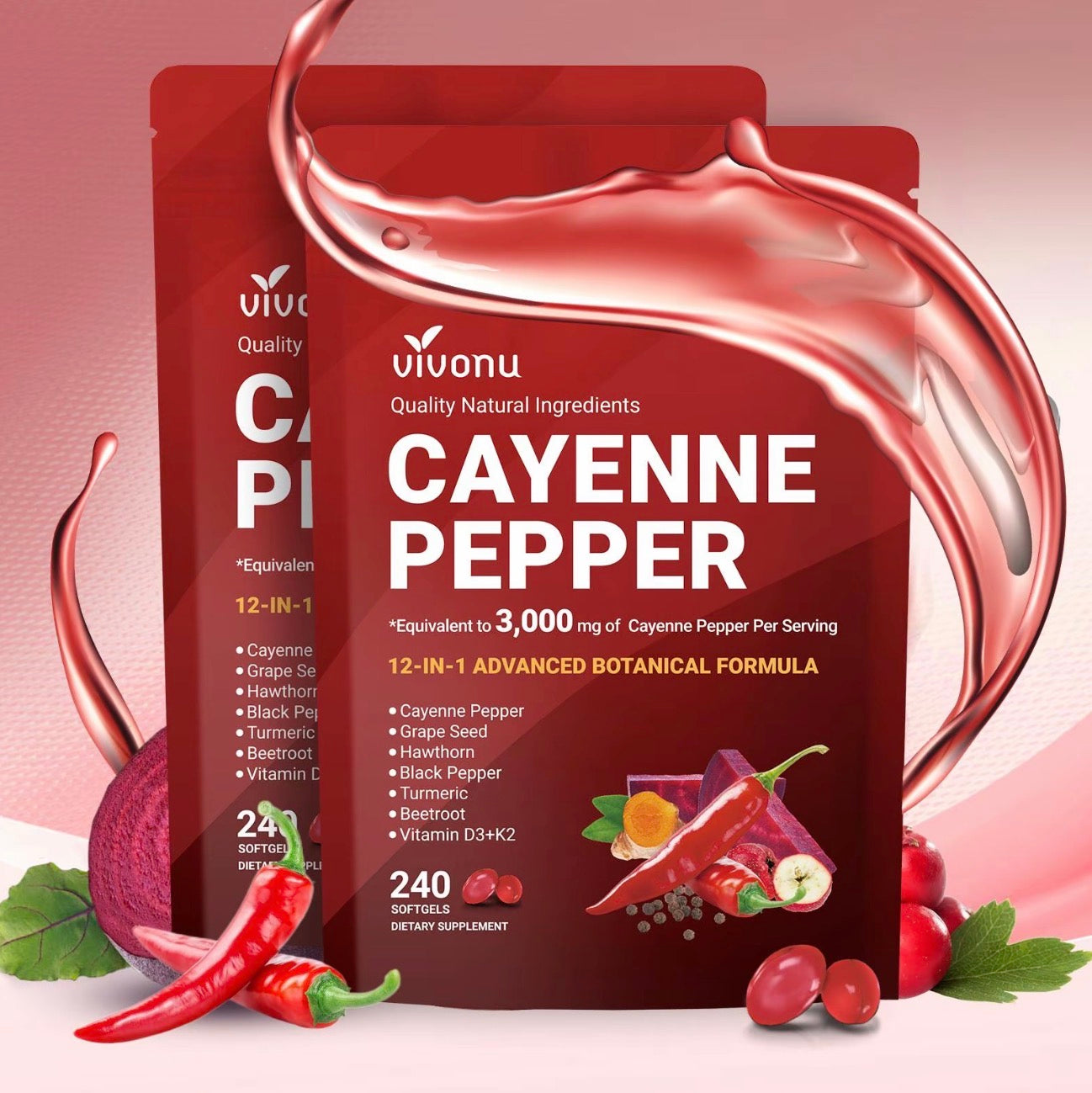 VivoNu Cayenne Pepper Softgels 240 Count Vitamin D3 K2 E Supplement