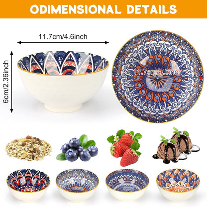 Ceramic Tapas Bowls Set of 6 - Bohemian Style Tapas Dishes, 10Oz/300Ml Salad Bowl, Decorative Serving Bowls for Dip, Cereal, Soup, Rice, Desserts & Snacks, Dishwasher & Microwave Safe