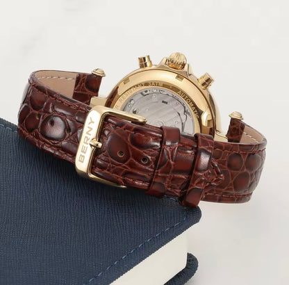 BERNY Retro Automatic Men's Watch Sun&Moon Phase Luminous ST1652 Classic Genuine Leather Luxury Mechanical Men's Dress Watches