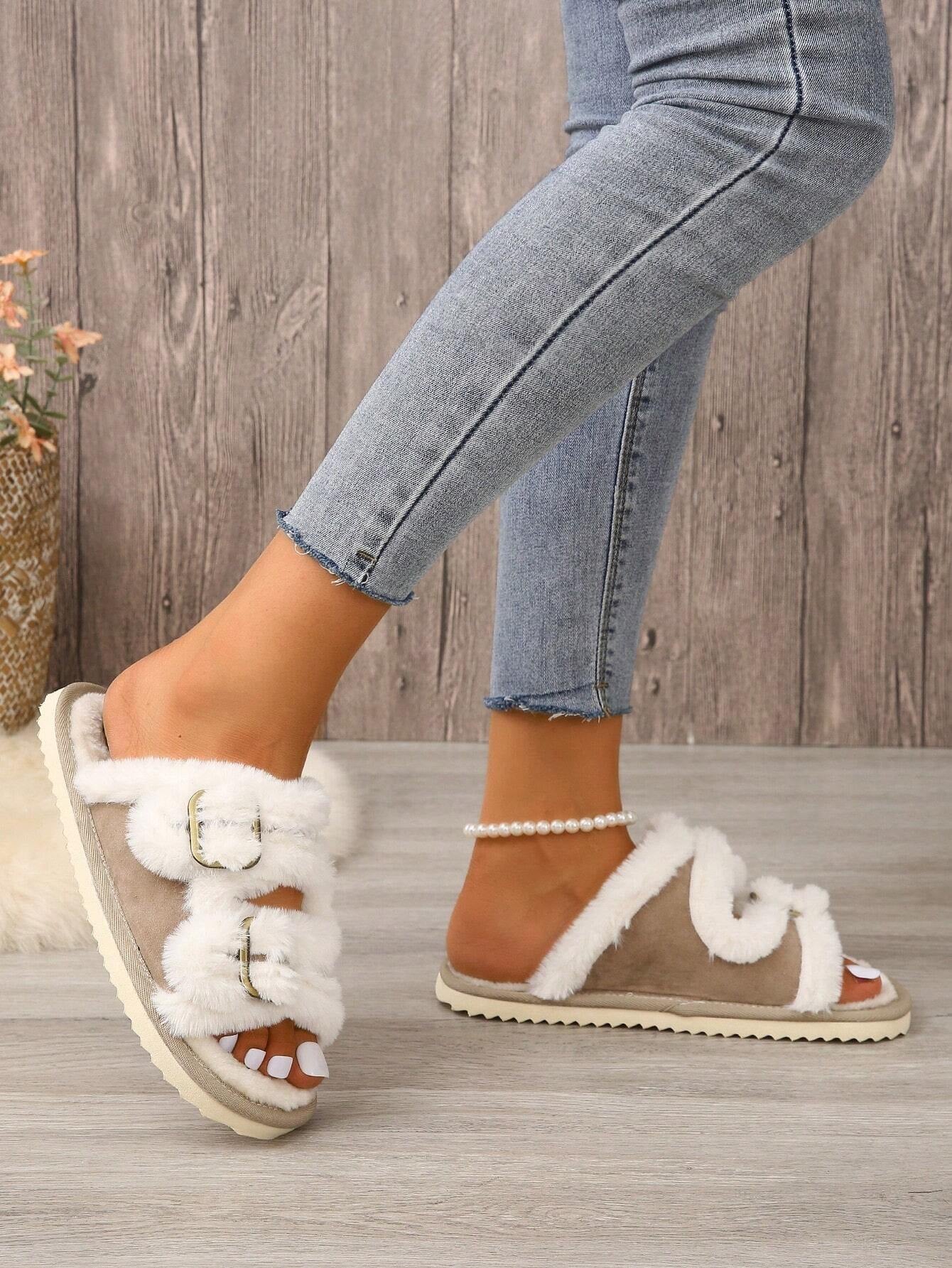 Women'S House Slippers with Belt Buckle, Plush Open Toe Indoor Home Shoes