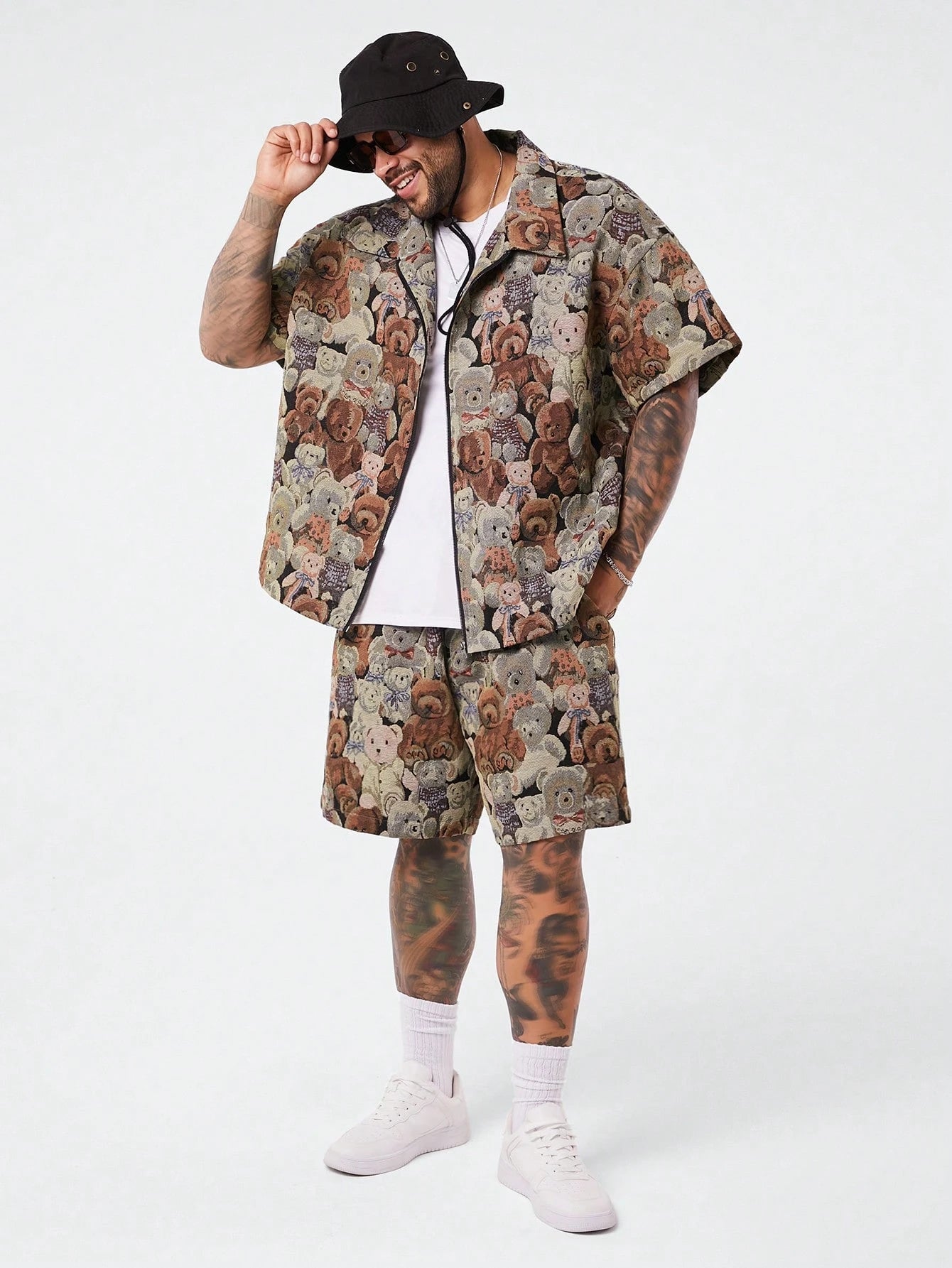 EASEVO 2Pcs/Set plus Size Men Relaxed Bear Print Zip-Up Shirt and Pants Set
