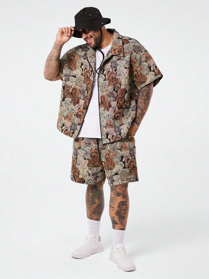 EASEVO 2Pcs/Set plus Size Men Relaxed Bear Print Zip-Up Shirt and Pants Set