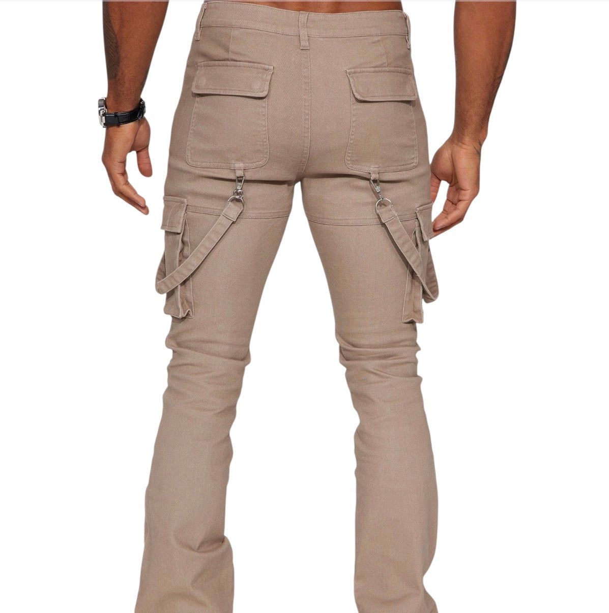 Strapped In Cargo Stacked Skinny Flare Jeans Taupe