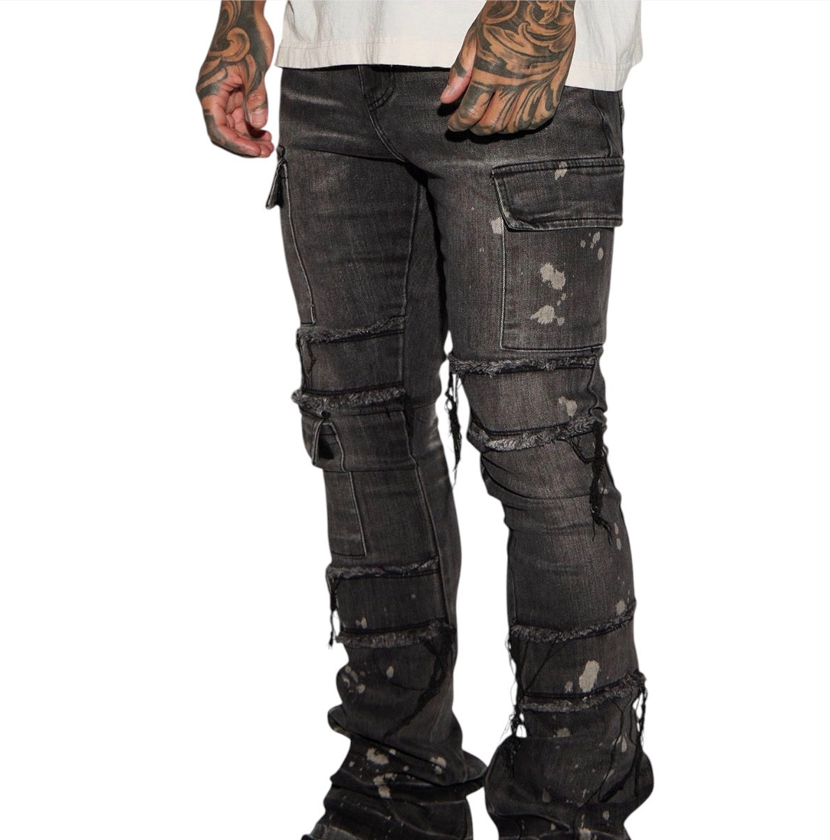 Side Snap Cargo Stacked Skinny Flare Jeans Black Wash