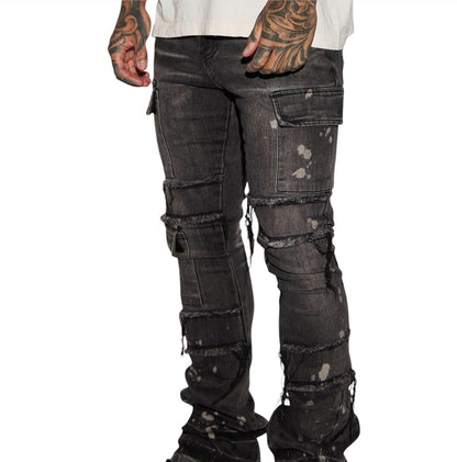 Side Snap Cargo Stacked Skinny Flare Jeans Black Wash