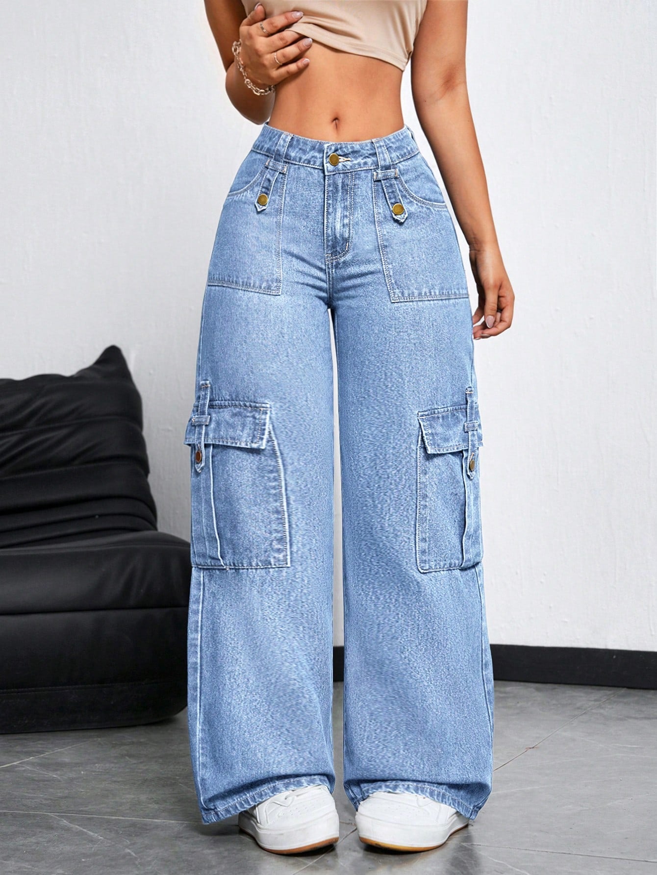 ICON Women'S Front Button Simple Multi-Pocket Casual Wide Leg Jeans, Daily Wear