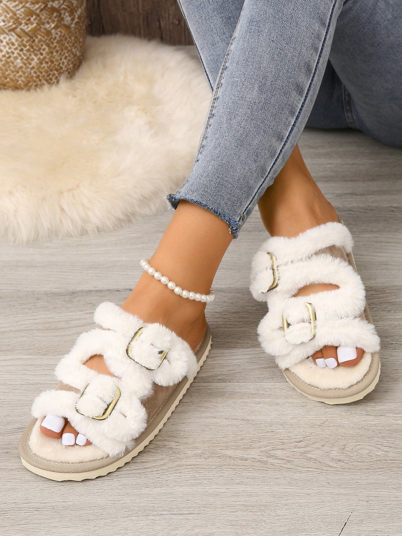 Women'S House Slippers with Belt Buckle, Plush Open Toe Indoor Home Shoes