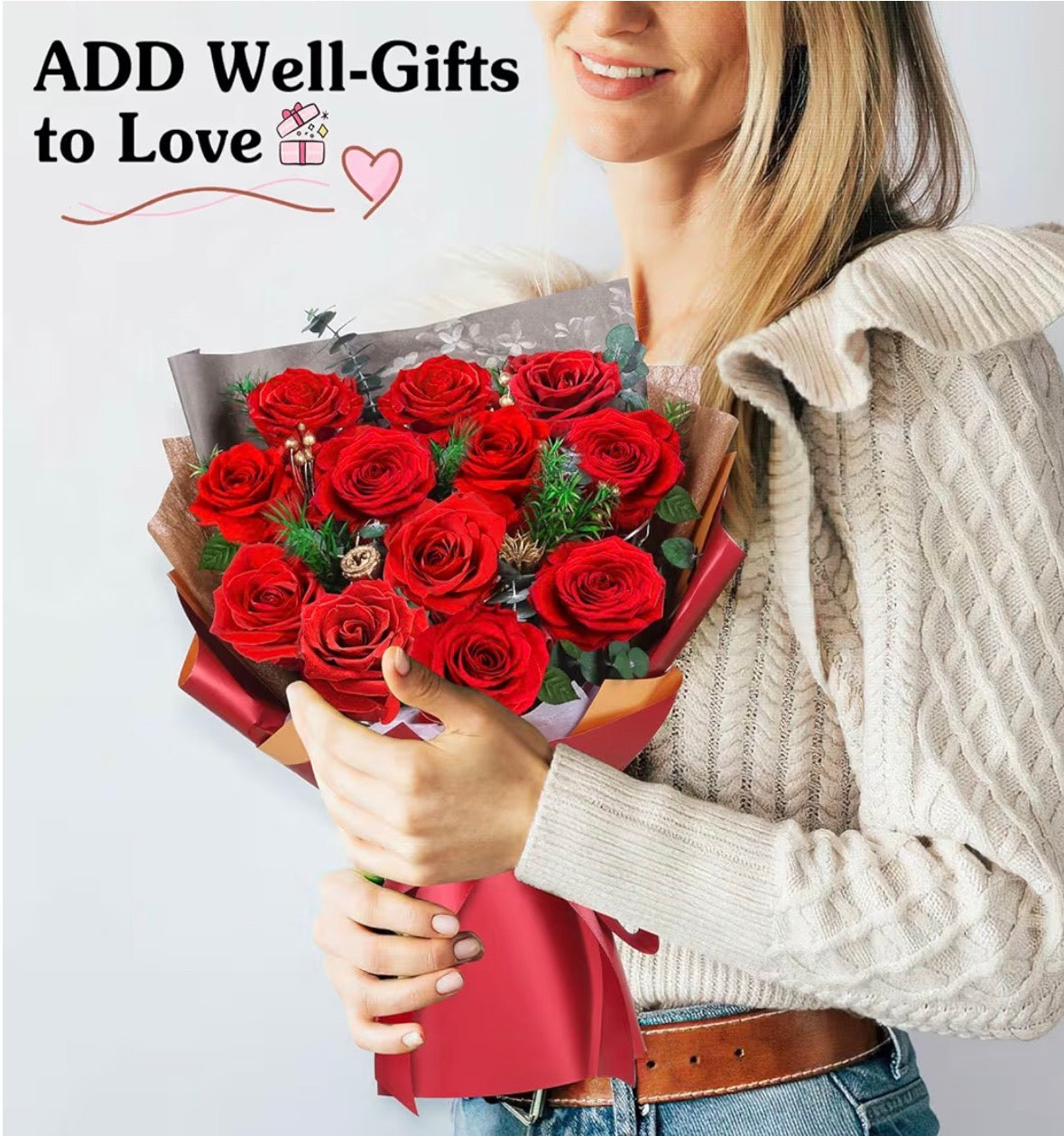 ADDWel 12 Forever Real Roses Bouquet, Fresh Flowers Delivery, Eternal Rose Gifts for Women, Wife, Girlfriend& Mum on Christmas, Valentine's Day, Anniversary& Mother's Day