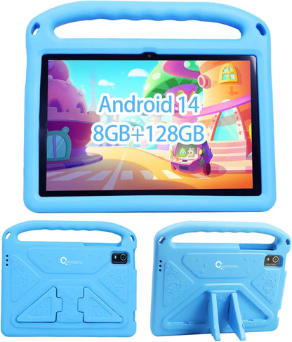 Android 14 Kids Tablet 10 Inch,Tablet for Children with Family Link Parental Control,8Gb+128Gb up to 1Tb,Octa-Core,Wifi 6,GMS to Learn Tablets for Toddlers,Face Id,Shockproof EVA Case (Blue）