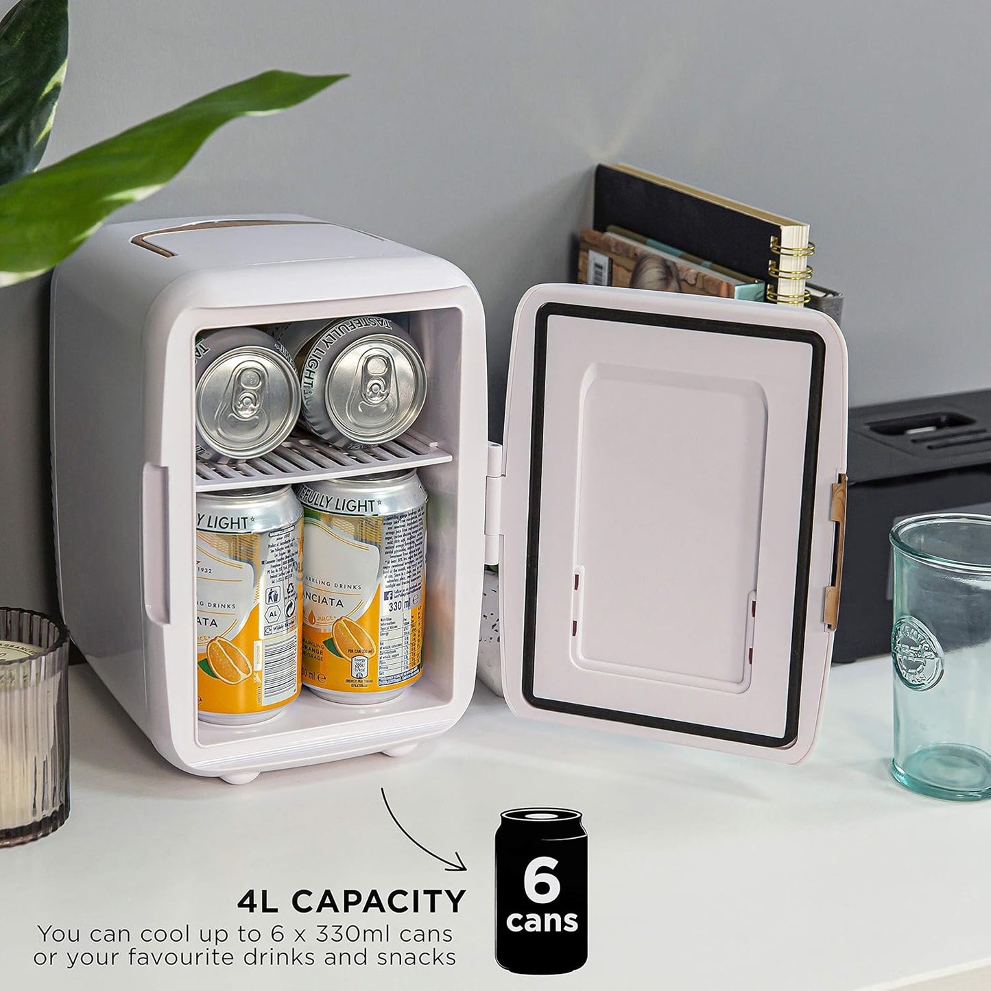 RH4CLR1001SCW 4L/6 Can Mini Portable Cooler & Warmer for Drinks, Cosmetics/Makeup/Skincare, AC/DC Power, Scandi Style, White & Wood Effect, for Bedroom, Home, Caravan, Car