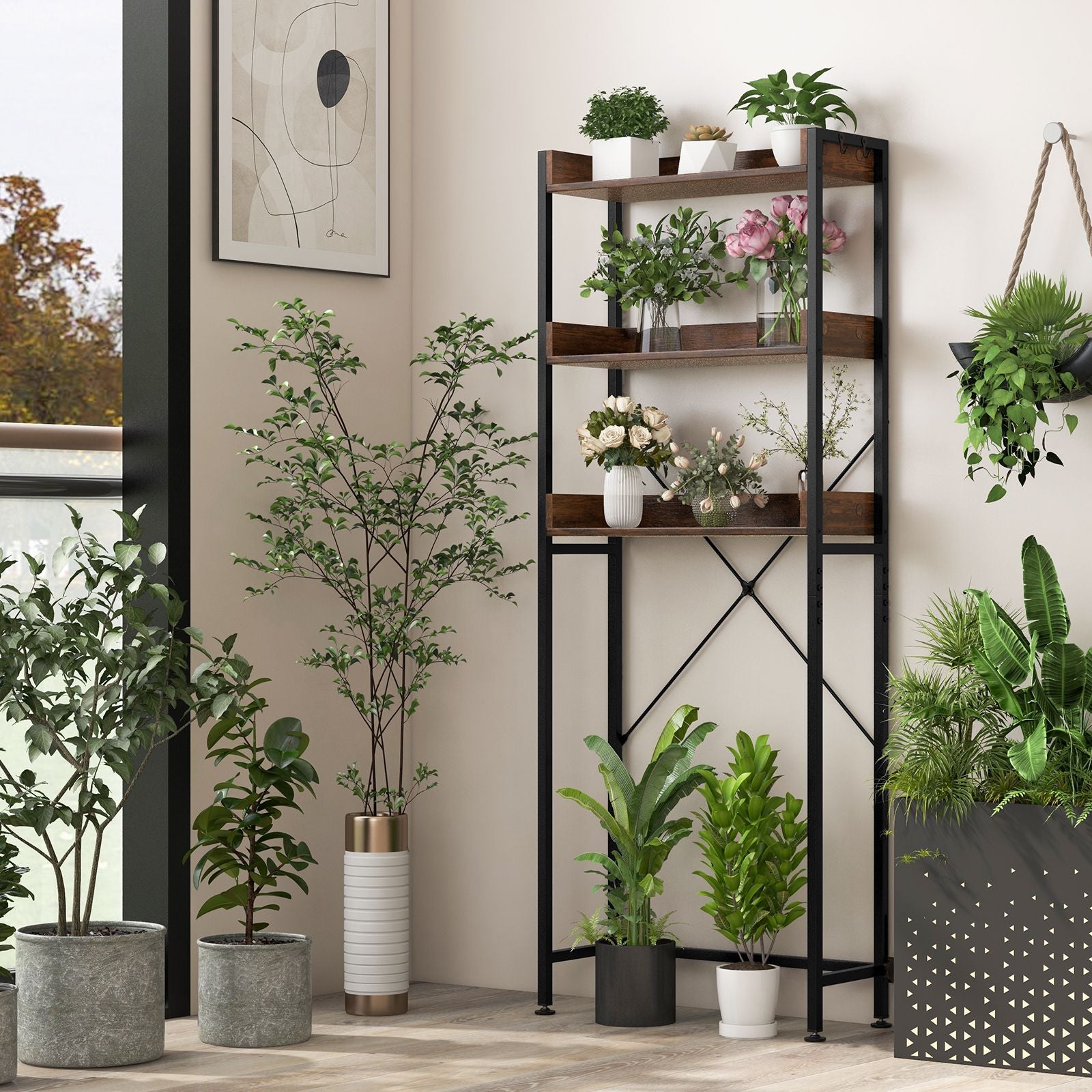 Three-Tier Over-the-Toilet Storage Rack with Four Hooks and Adjustable Base Bar