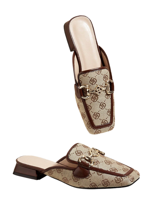 Women’s Flat Square Toe Embroidery Fashion Buckle Mules