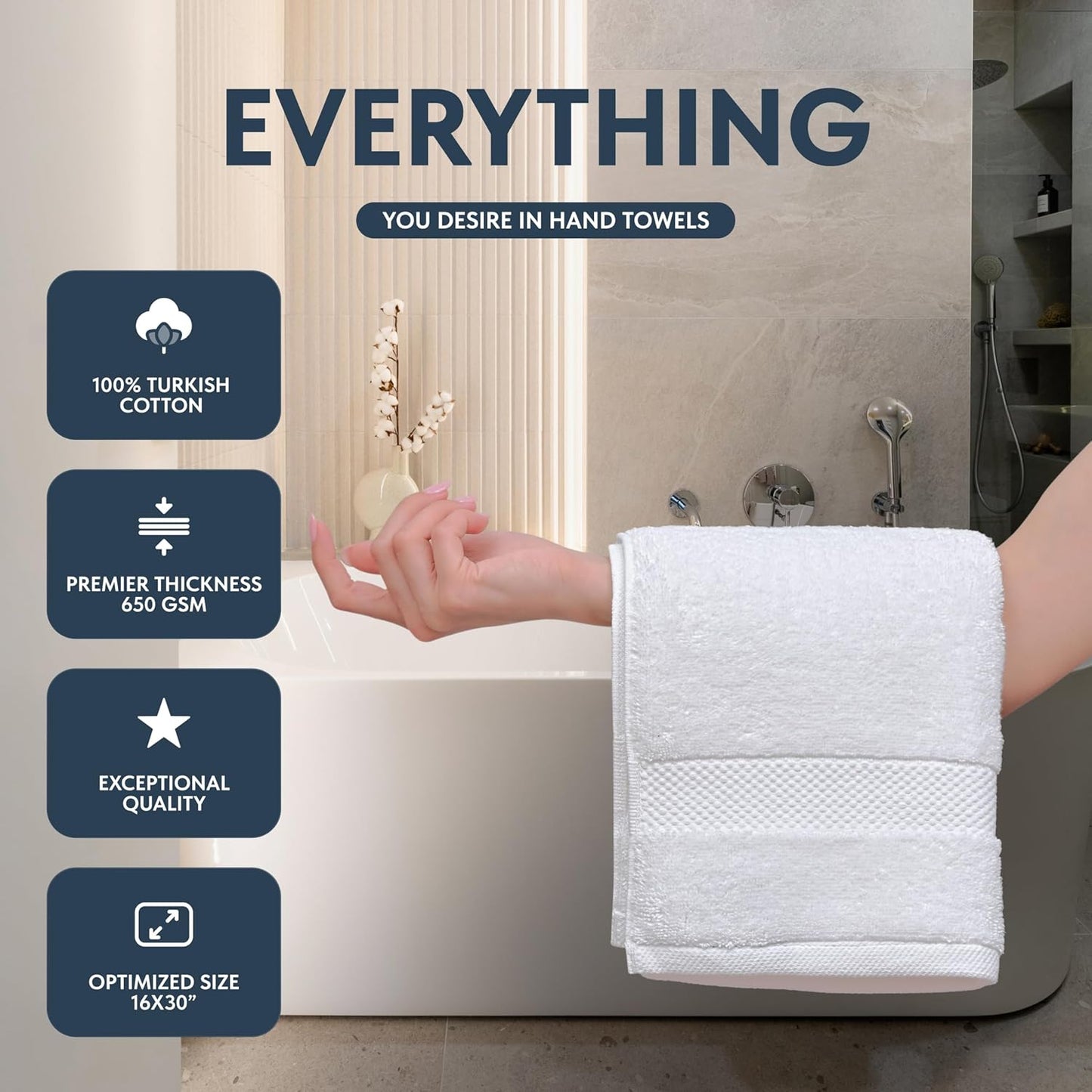 Luxury White Hand Towels, 100% Cotton Bathroom Hand Cloths Set of 6, Hotel Towels Extra 40X76 Cm, Quality Towels Bathroom Sets for Hands | White, 6 Pack