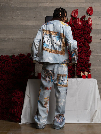 ARTISTIC PATCHES GRAPHIC DISTRESSED DENIM JACKET