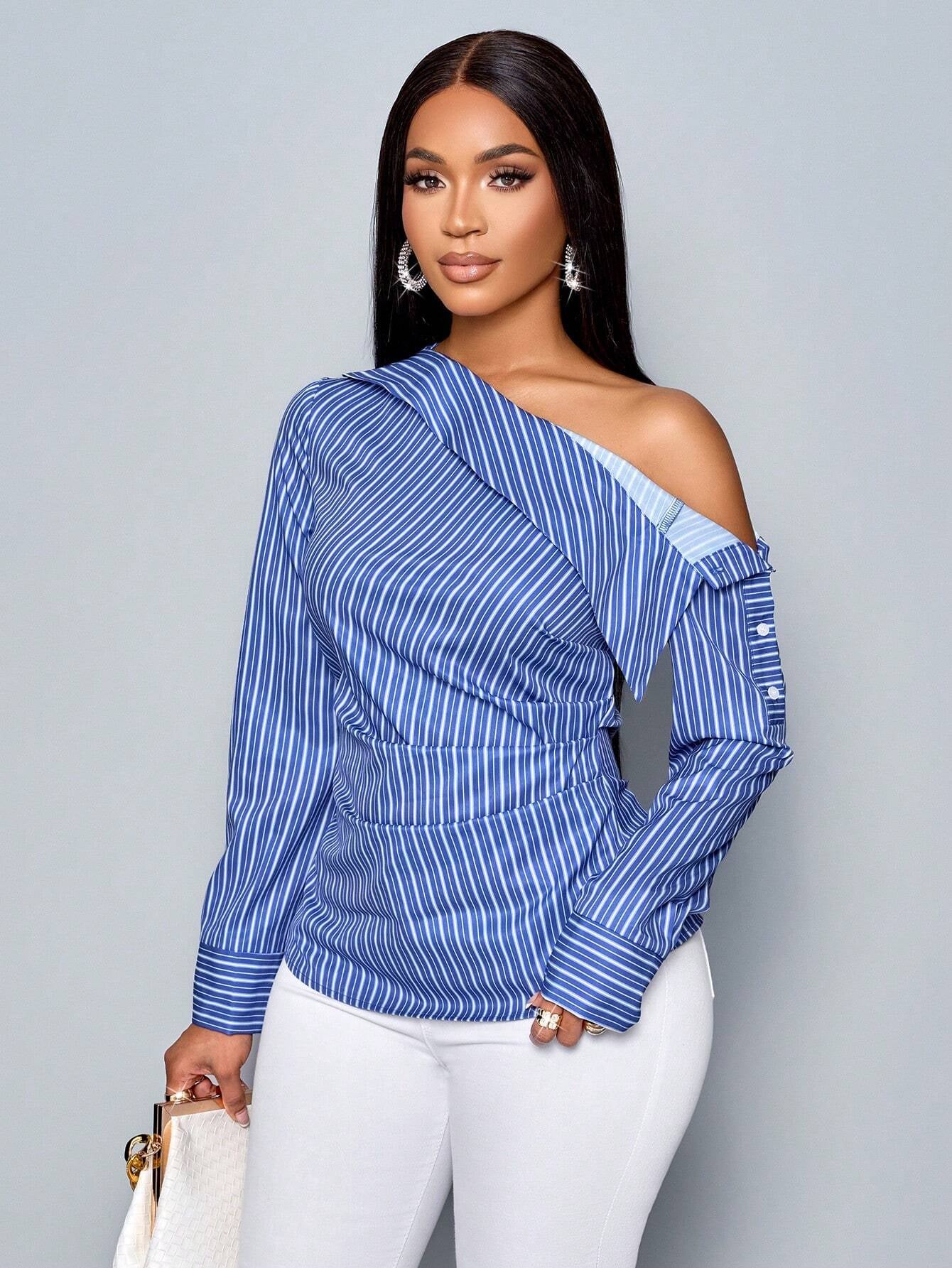 SOLERSUN Women'S Casual Blue Blouse with Long Sleeve, Asymmetrical Neck, Pleated Details, Turndown Collar, and Single-Breasted Closure, Random Floral Print One Shoulder Top