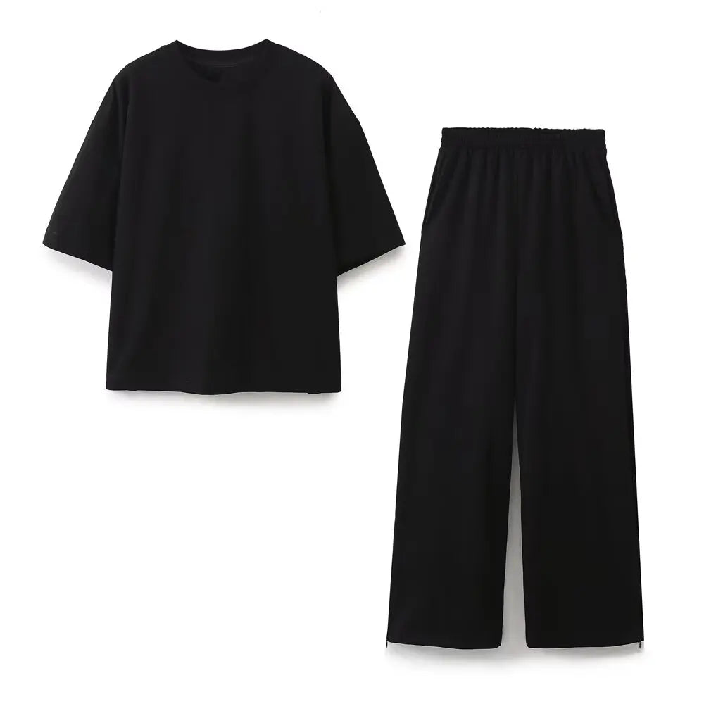2024 Women'S Solid Casual T Shirts Pant Set Short Sleeves O-Neck T-Shirt Top+Lace-Up Loose Side Pockets Straight Pant