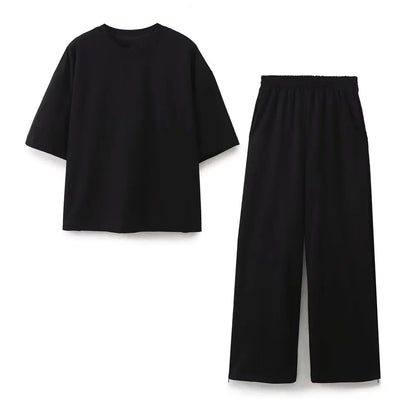 2024 Women'S Solid Casual T Shirts Pant Set Short Sleeves O-Neck T-Shirt Top+Lace-Up Loose Side Pockets Straight Pant
