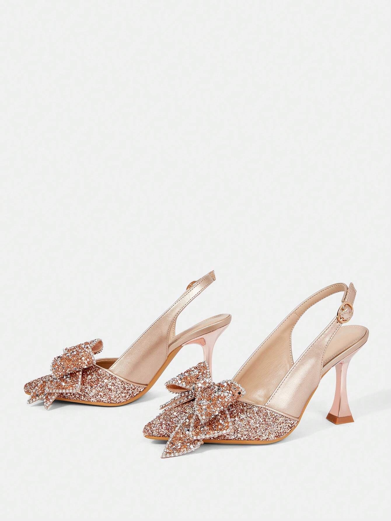CUCCOO HITCHD Fashionable Elegant Women'S Gold Sequined Bow Pointed Toe Stilettos, Suitable for Wedding, Bridesmaid, Banquet, Date, Party, Christmas, New Year, Valentine'S Day, Comfortable Spring Shoes Spring Break Easter Prom Heels