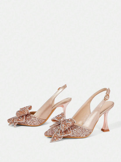 CUCCOO HITCHD Fashionable Elegant Women'S Gold Sequined Bow Pointed Toe Stilettos, Suitable for Wedding, Bridesmaid, Banquet, Date, Party, Christmas, New Year, Valentine'S Day, Comfortable Spring Shoes Spring Break Easter Prom Heels