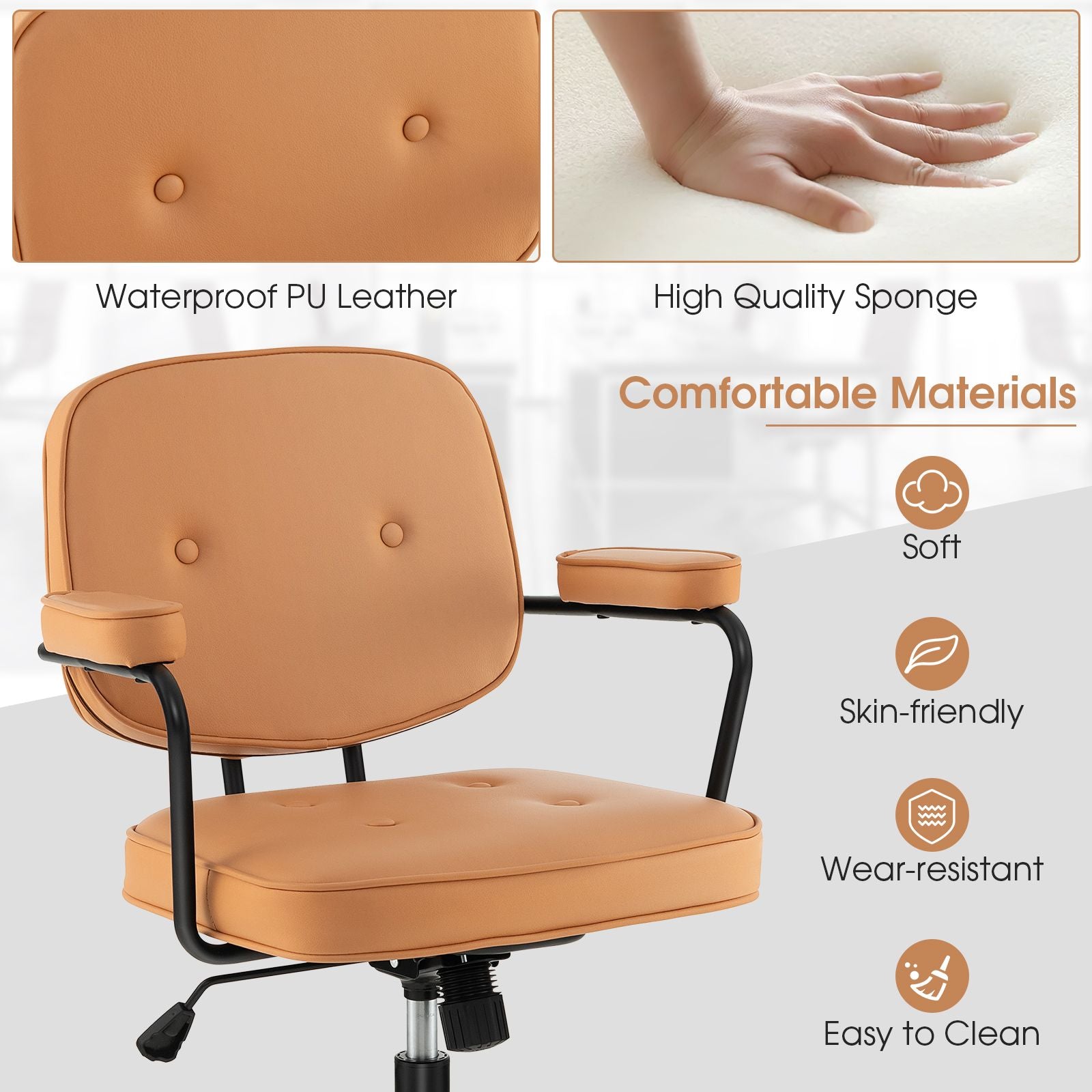 Ergonomic PU Leather Executive Swivel Chair with Adjustable Rocking Backrest in Vibrant Orange