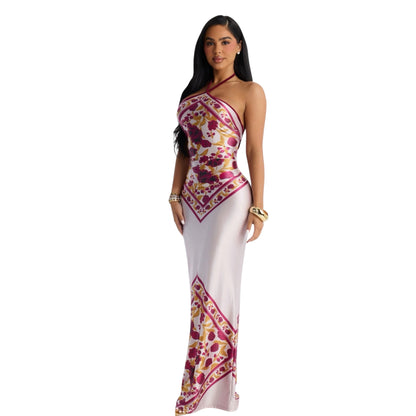 Dina Floral Satin Maxi Dress Burgundy Combo