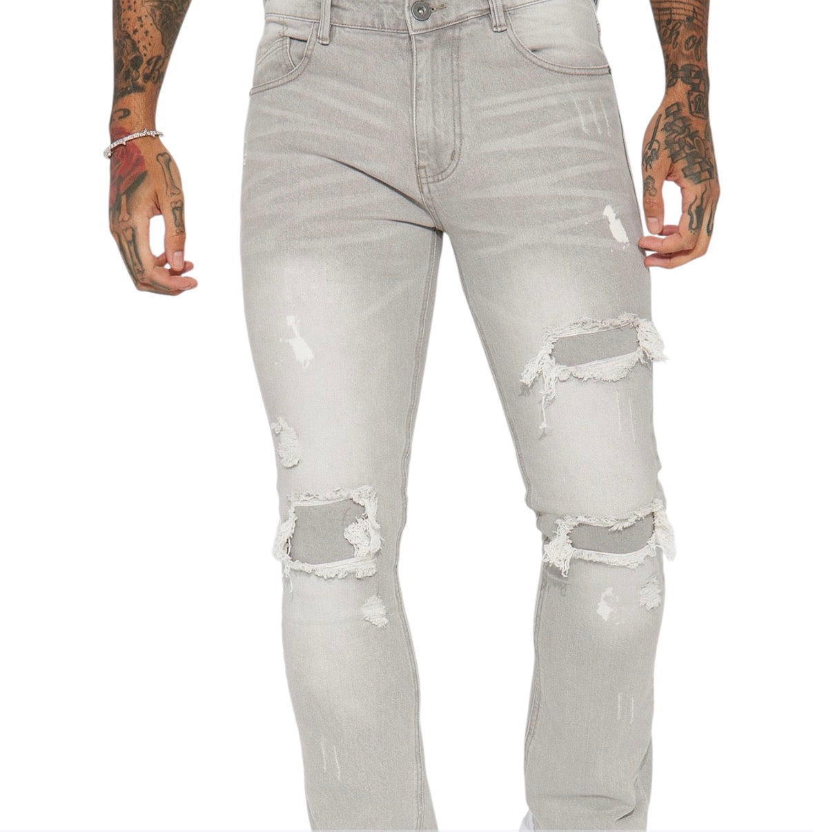 Ripped Stacked Skinny Flare Jeans Grey