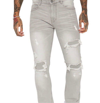 Ripped Stacked Skinny Flare Jeans Grey
