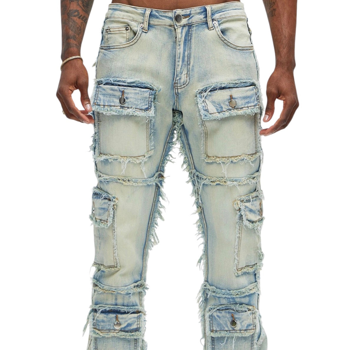 One Way Cargo Frayed Straight Jeans Medium Wash