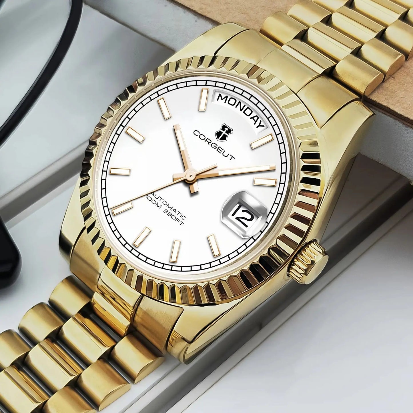 NH36 Mechanical Men'S Watch Date of the Week Show President Chain Strap Steel Case Watch Threaded Arc Bezel Waterp