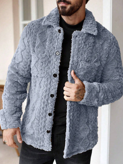 Manfinity Homme Men'S Casual Solid Color Fuzzy Jacket for Autumn/Winter ,Men Flannel,Winter Men Jacket, Going Out Warm Long Sleeve Jacket, for Friends, Husband, Boyfriend Gifts