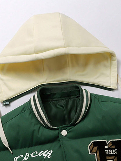 Men'S New Patchwork Baseball Jacket Embroidery Thick Outerwear with Detachable Hood