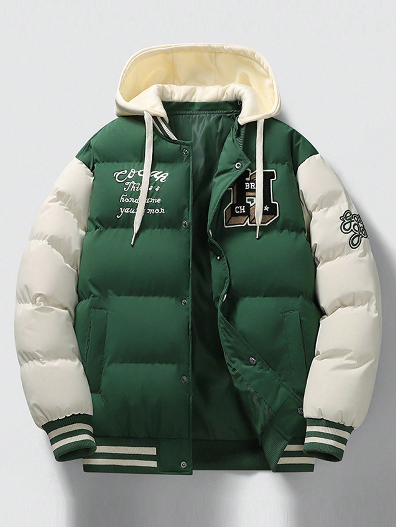 Men'S New Patchwork Baseball Jacket Embroidery Thick Outerwear with Detachable Hood