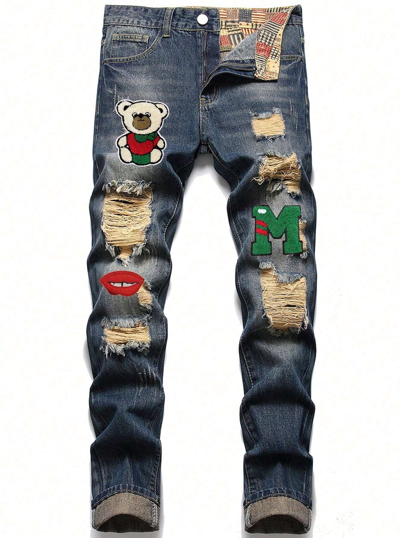 Men Cartoon & Letter Patched Detail Ripped Frayed Jeans