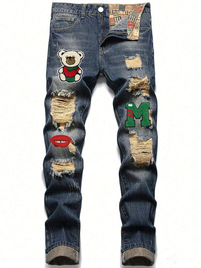 Men Cartoon & Letter Patched Detail Ripped Frayed Jeans