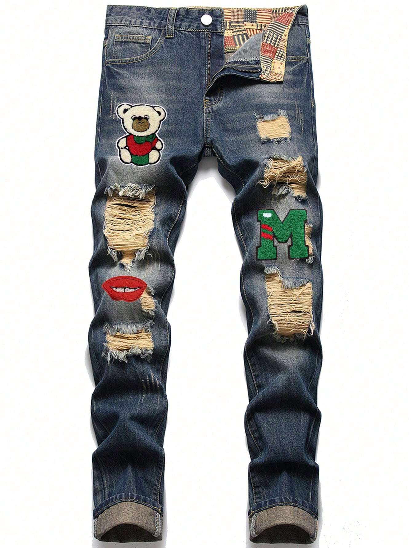 Men Cartoon & Letter Patched Detail Ripped Frayed Jeans