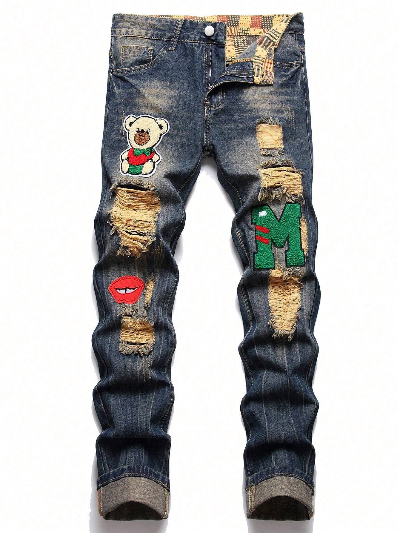 Men Cartoon & Letter Patched Detail Ripped Frayed Jeans