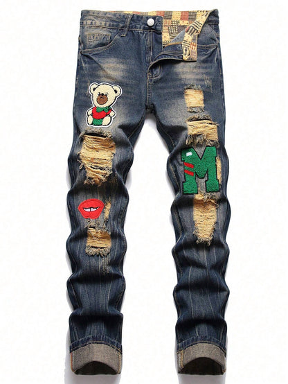 Men Cartoon & Letter Patched Detail Ripped Frayed Jeans