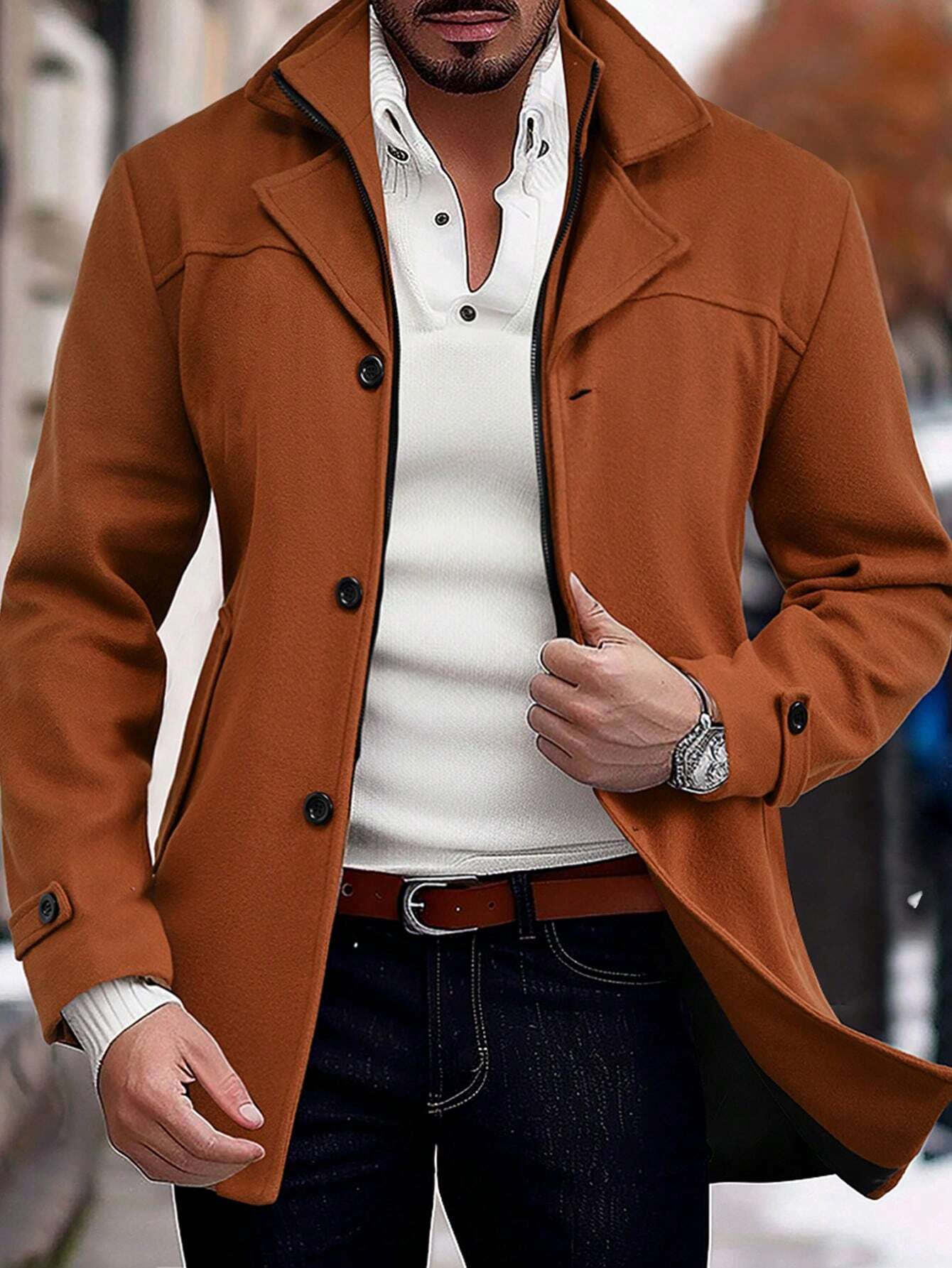 Manfinity Homme Men'S Zip Collar Long Sleeve Button-Up Fashionable Formal Business Knitted Overcoat, Going Out Business Casual Overcoat, for Friends, Husband, Boyfriend Gifts