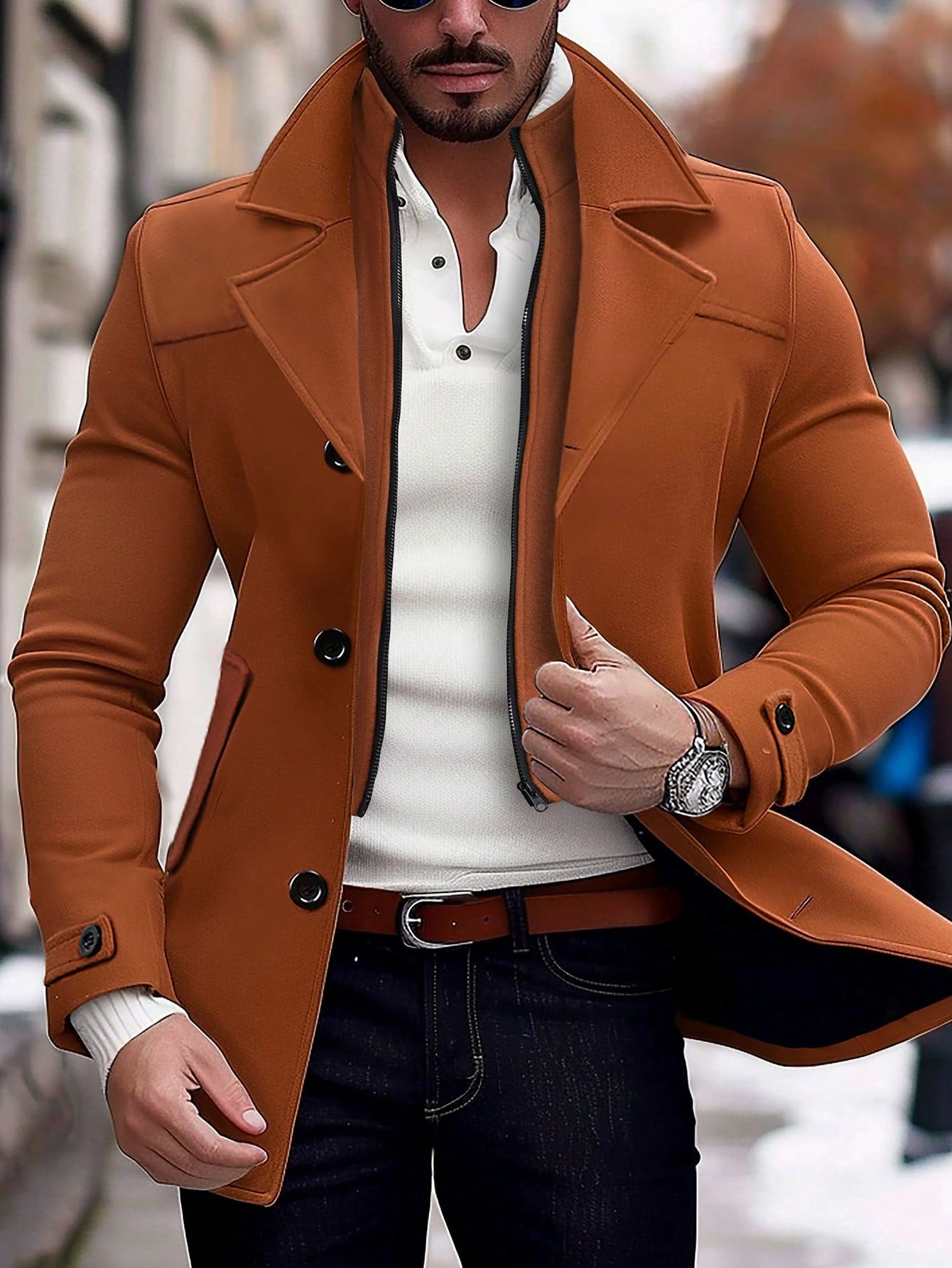 Manfinity Homme Men'S Zip Collar Long Sleeve Button-Up Fashionable Formal Business Knitted Overcoat, Going Out Business Casual Overcoat, for Friends, Husband, Boyfriend Gifts