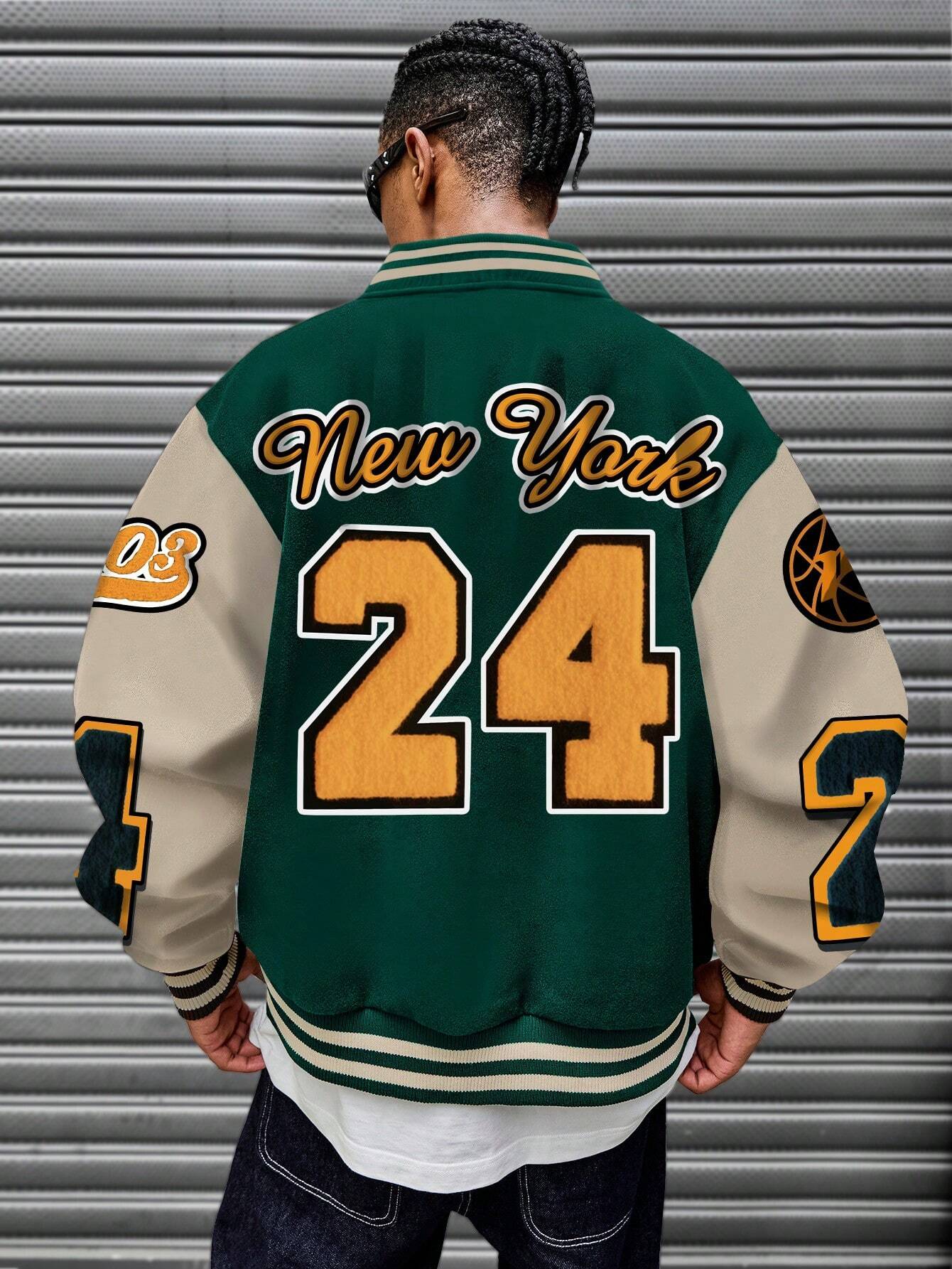 Manfinity EMRG Oversized Men'S Colorblock Letter Print Button-Up Bomber Baseball Jacket