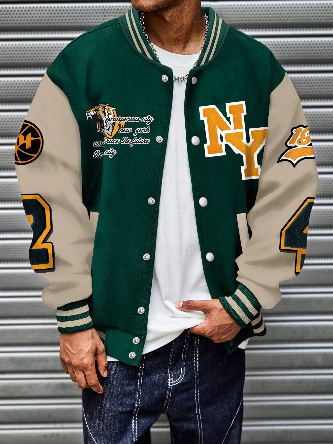 Manfinity EMRG Oversized Men'S Colorblock Letter Print Button-Up Bomber Baseball Jacket