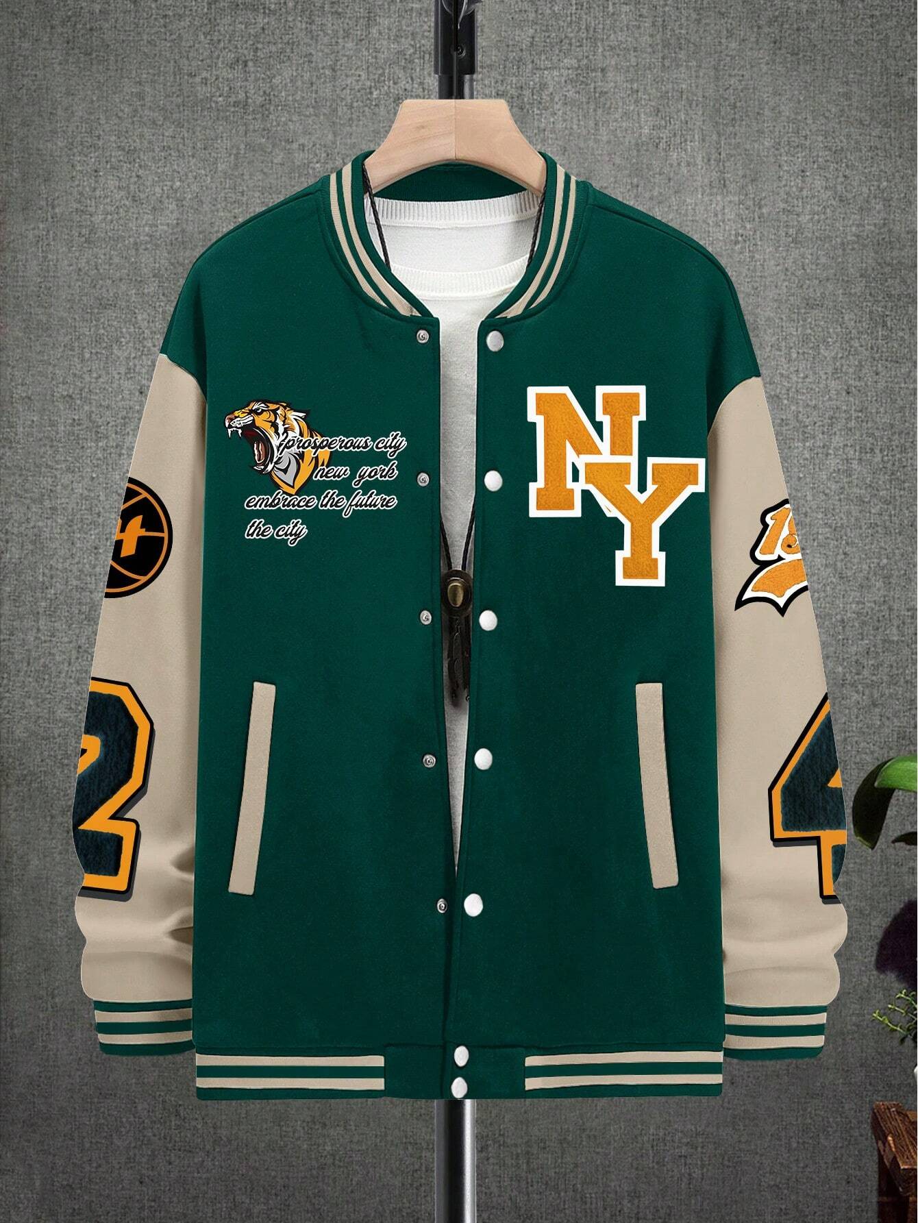 Manfinity EMRG Oversized Men'S Colorblock Letter Print Button-Up Bomber Baseball Jacket