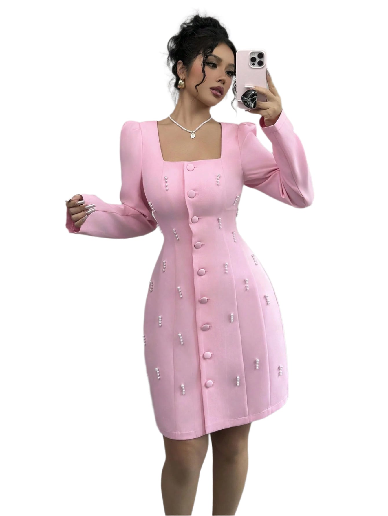 Elenzga Square Neck Puff Sleeve Pearl Embellished Pink Dress