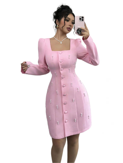 Elenzga Square Neck Puff Sleeve Pearl Embellished Pink Dress