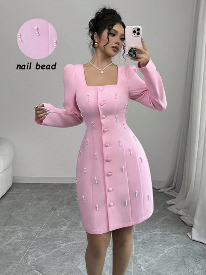 Elenzga Square Neck Puff Sleeve Pearl Embellished Pink Dress